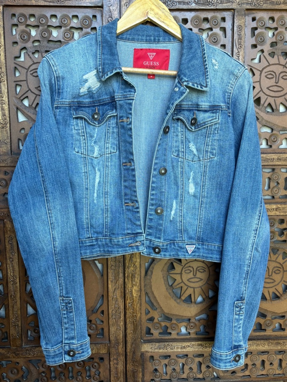 Guess Y2K Cropped Denim Jacket in Distressed Medium Wash - Size Medium - Picture 3 of 8